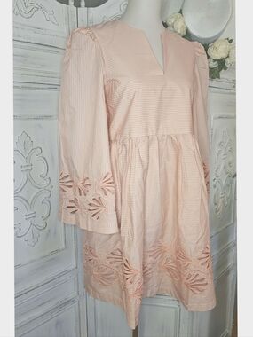 Tuckenuck Pink & White Stripes Scalloped Cutwork Babydoll  flared Mini Dress